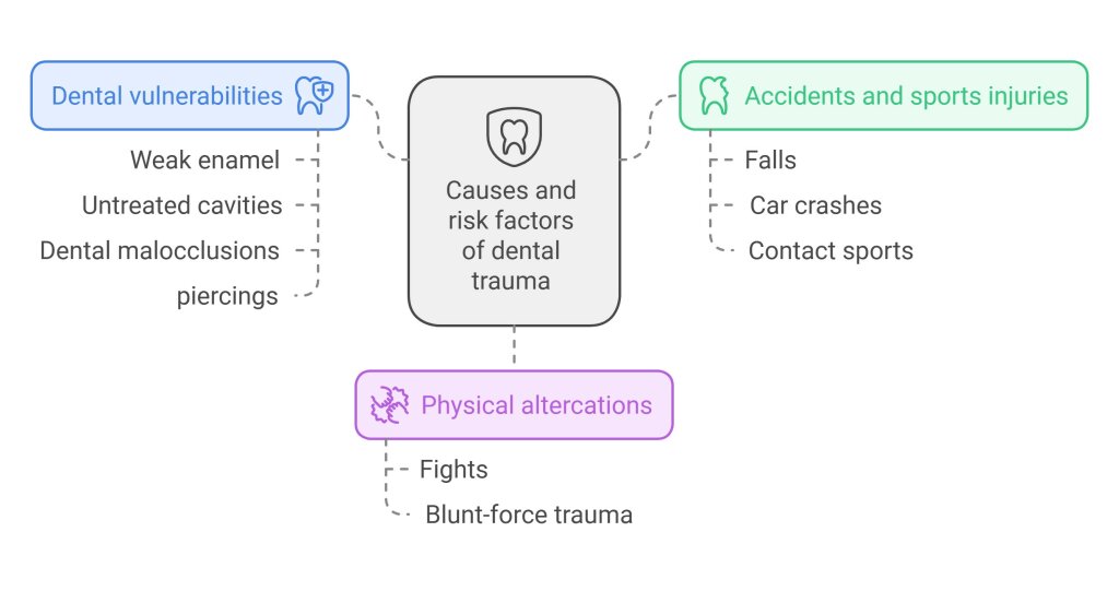 Diagram showing causes and risk factors of dental trauma